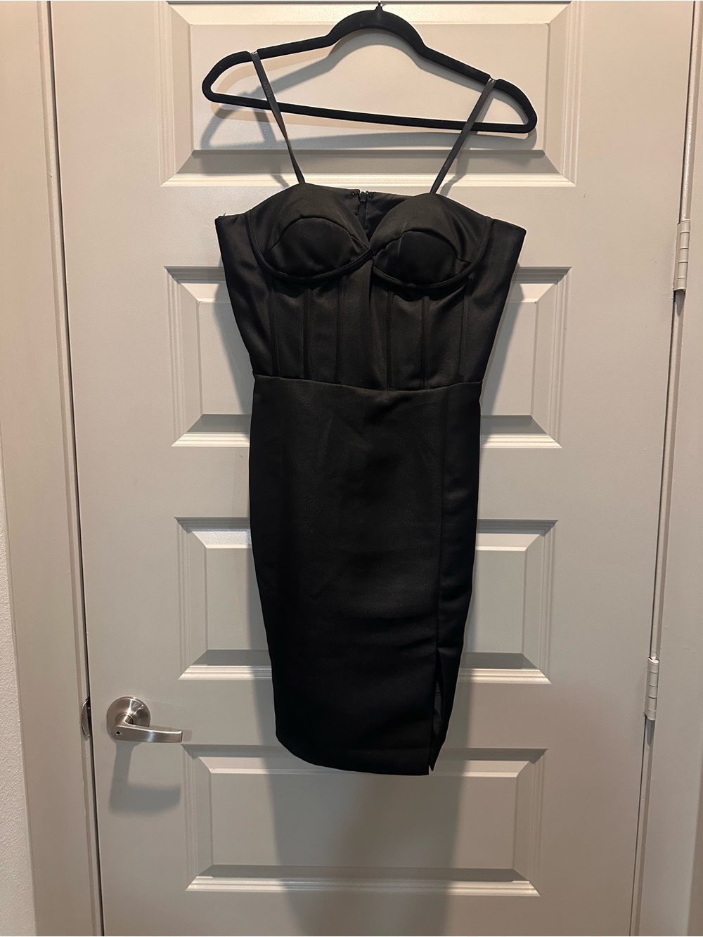 Terani Couture Black Bustier Midi Dress with Thin Straps